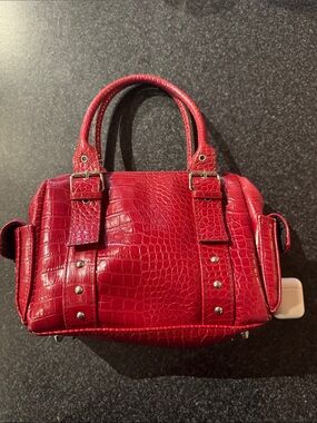 Red Croc-Embossed Double-Handle Shoulder Bag